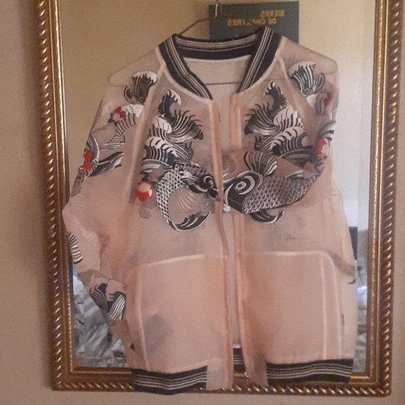 Pink translucent jacket with lucky fish embroidere - Picture 3 of 4